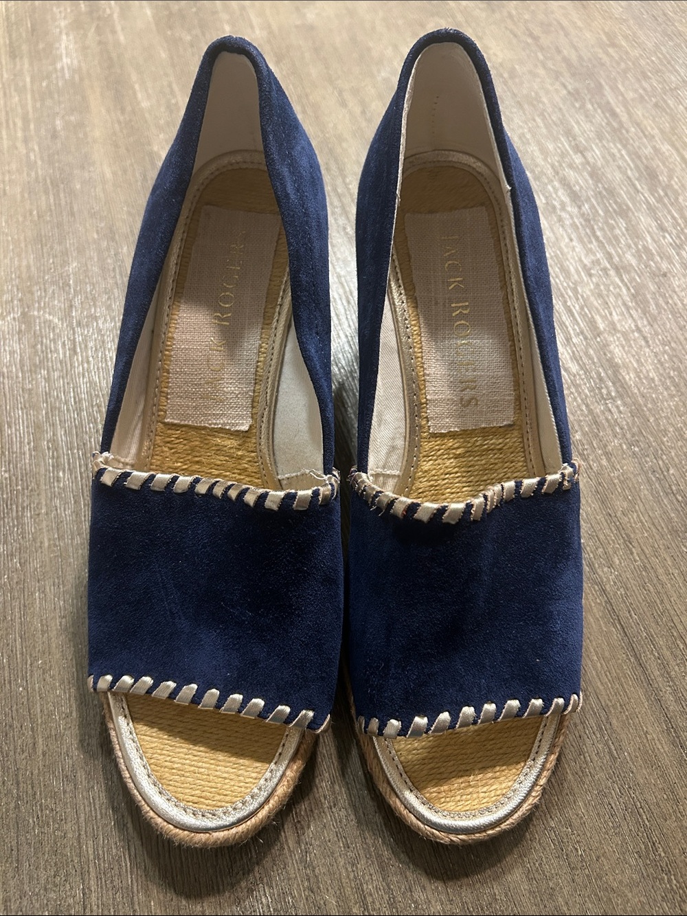 Jack Rogers Palmer Navy Suede Peep-Toe Espadrille Wedges with Contrast Stitch.